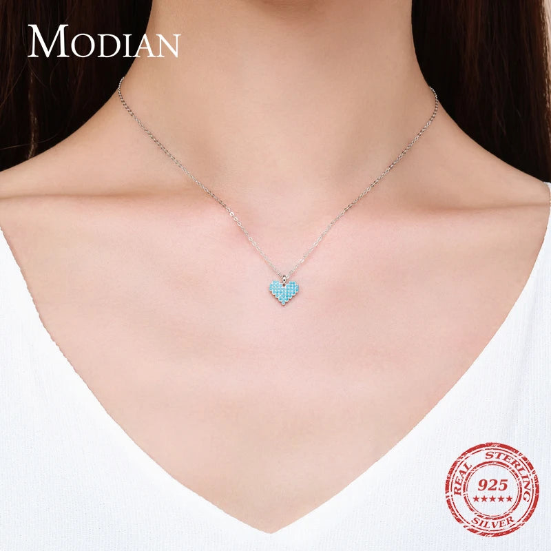 Collar Modian de plata de ley 925 auténtica con colgante de corazón vintage y turquesa para mujer, regalo familiar, joyería fina de estilo nacional.