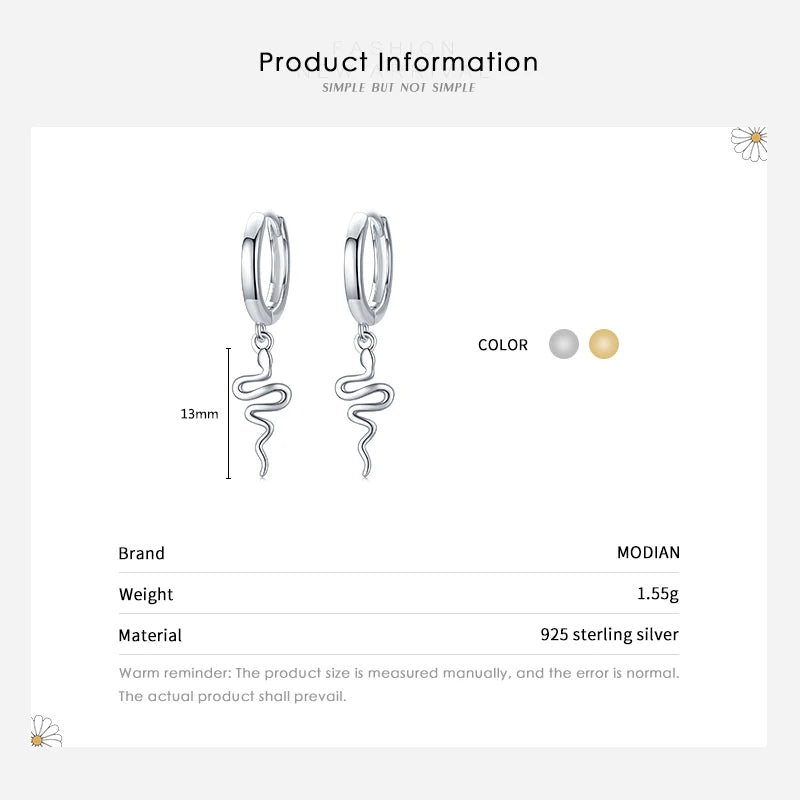 Pendientes de aro Modian de plata de ley 925 con diseño de serpiente, elegantes y sencillos, para mujeres y niñas, color dorado, joyería hipoalergénica.