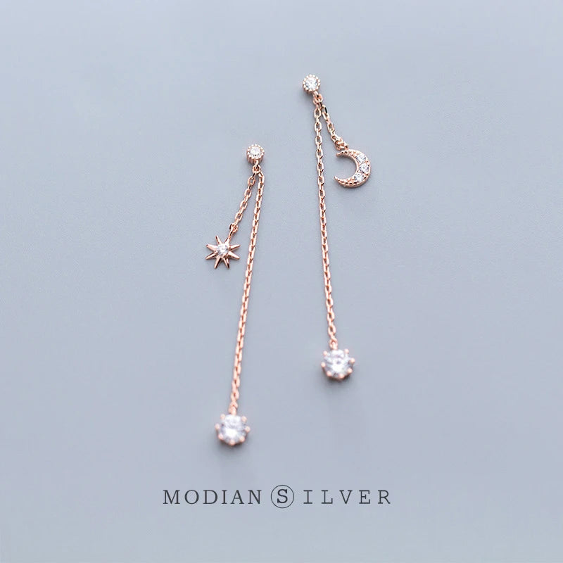 Pendientes Modian Moon con borlas en plata de ley 925, color oro rosa, circonita cúbica transparente, regalo para mujer, joyería fina y original.