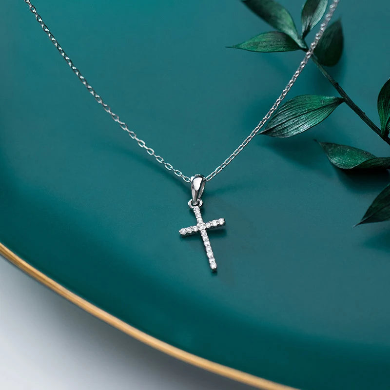 Collar con colgante de cruz de lujo con circonitas deslumbrantes de Modian, plata de ley 925 auténtica para mujer, cadena de eslabones, joyería de moda