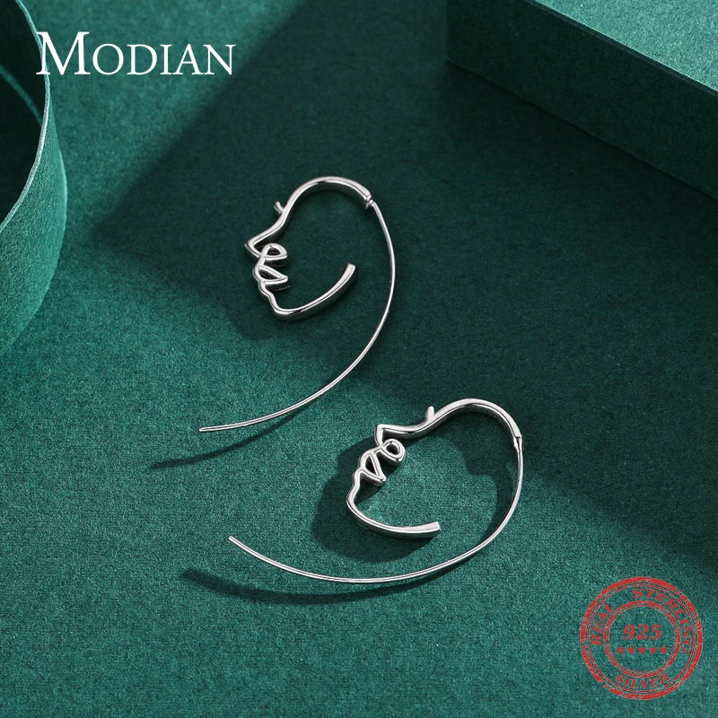 Pendientes de aro Modian 100% de plata de ley 925 con diseño de cara humana, elegantes y modernos, para mujeres y niñas, joyería fina.