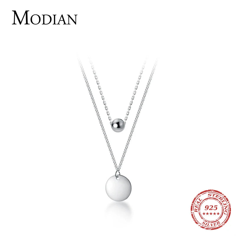 Colgante de plata de ley 925 con forma de moneda y cuentas de diseño simple de Modian para mujer y niña, collar de cadena básica de doble capa, joyería fina