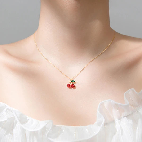 Modian Trendy 925 Sterling Silver Fruit Red Crystal Cherry Pendant Necklace for Women Link Chain Necklace Original Fine Jewelry