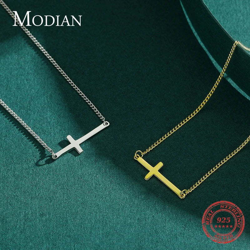 Gargantilla con cruz sencilla y exquisita de Modian, 100 % plata de ley 925, cadena clásica brillante, colgante para mujer, joyería