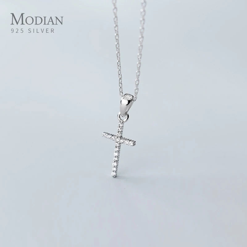 Collar con colgante de cruz de lujo con circonitas deslumbrantes de Modian, plata de ley 925 auténtica para mujer, cadena de eslabones, joyería de moda