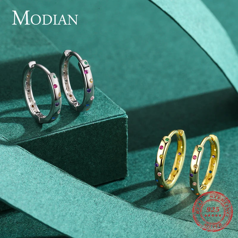 Pendientes de aro MODIAN de plata de ley 925 auténtica con circonitas de color arcoíris y círculos simples para mujer, joyería fina y elegante a la moda.