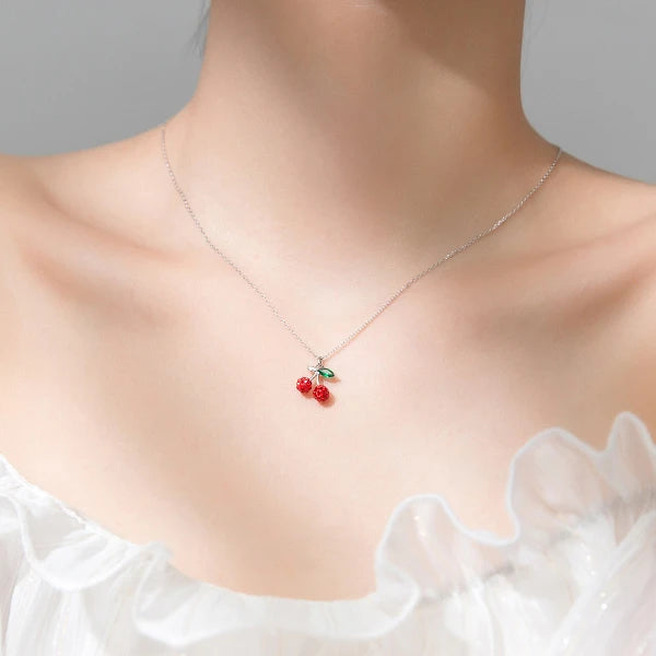 Modian Trendy 925 Sterling Silver Fruit Red Crystal Cherry Pendant Necklace for Women Link Chain Necklace Original Fine Jewelry