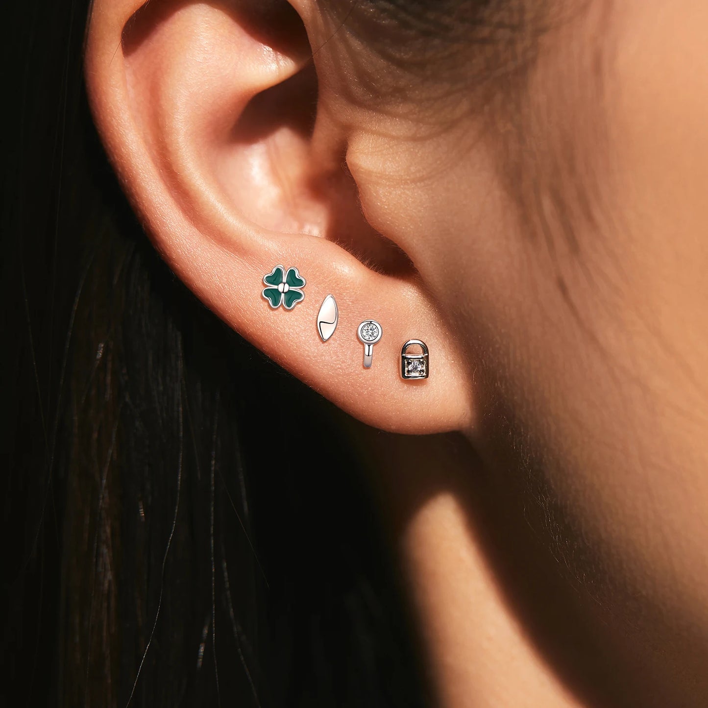 MODIAN 4PCS Tiny Earrings 925 Sterling Silver Lock & Key And Four Leaf Clover Fashion Stackable Stud Earrings For Women Jewelry