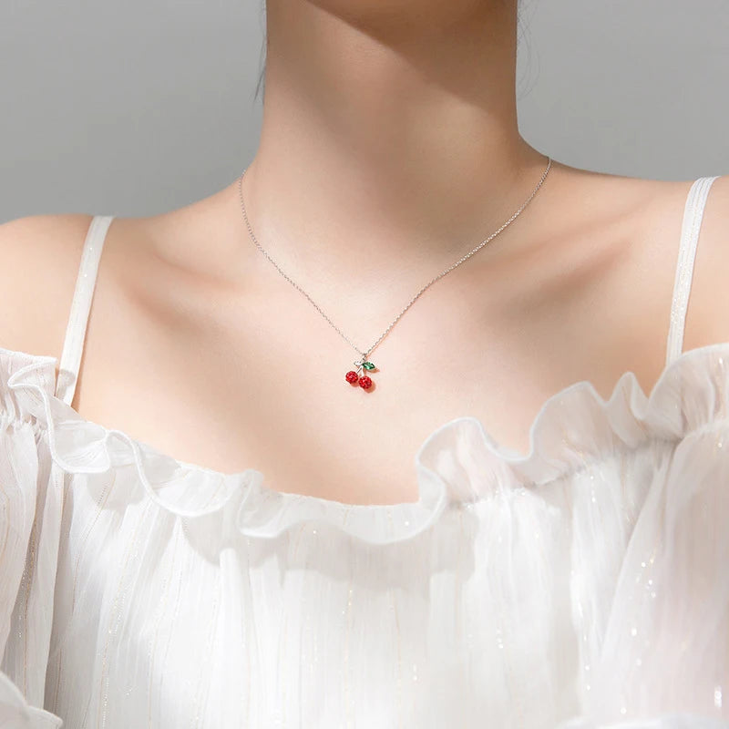 Modian Trendy 925 Sterling Silver Fruit Red Crystal Cherry Pendant Necklace for Women Link Chain Necklace Original Fine Jewelry