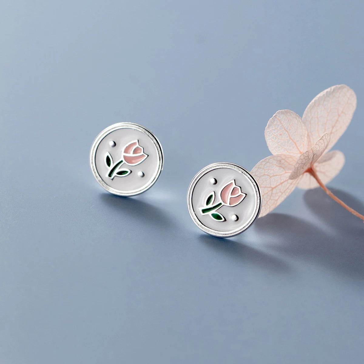 Pendientes de botón redondos de esmalte vintage Modian de plata de ley 925 con diseño de flor, sencillos y bonitos, para mujer, joyería para prevenir alergias.