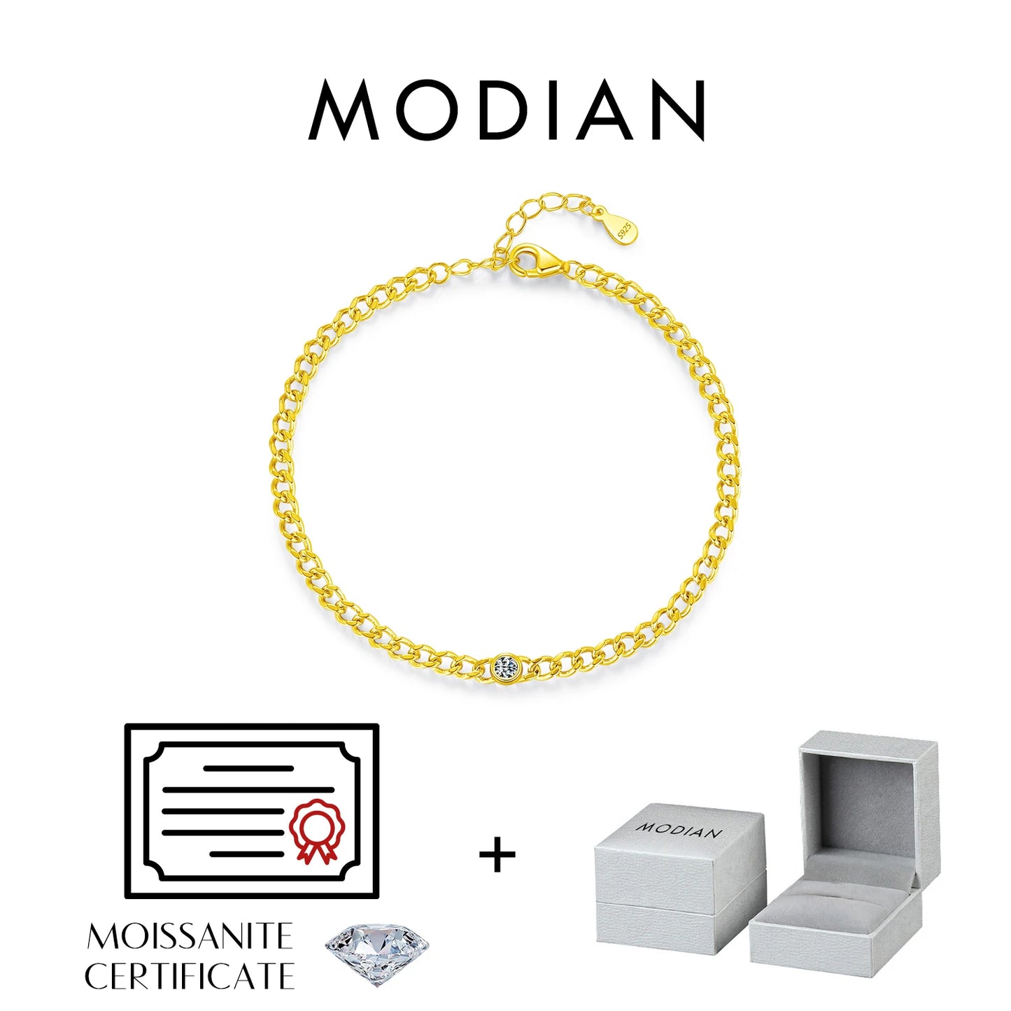 Pulseras de moissanita redondas MODIAN D Color VVS1 Cearl, pulsera de cadena de eslabones gourmet de plata de ley 925, joyería para mujer
