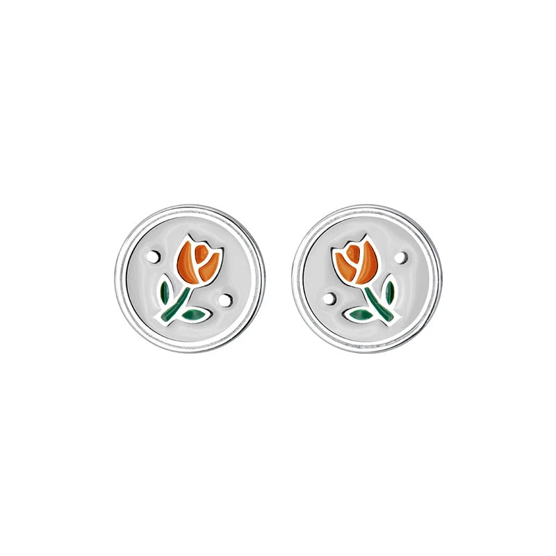 Pendientes de botón redondos de esmalte vintage Modian de plata de ley 925 con diseño de flor, sencillos y bonitos, para mujer, joyería para prevenir alergias.