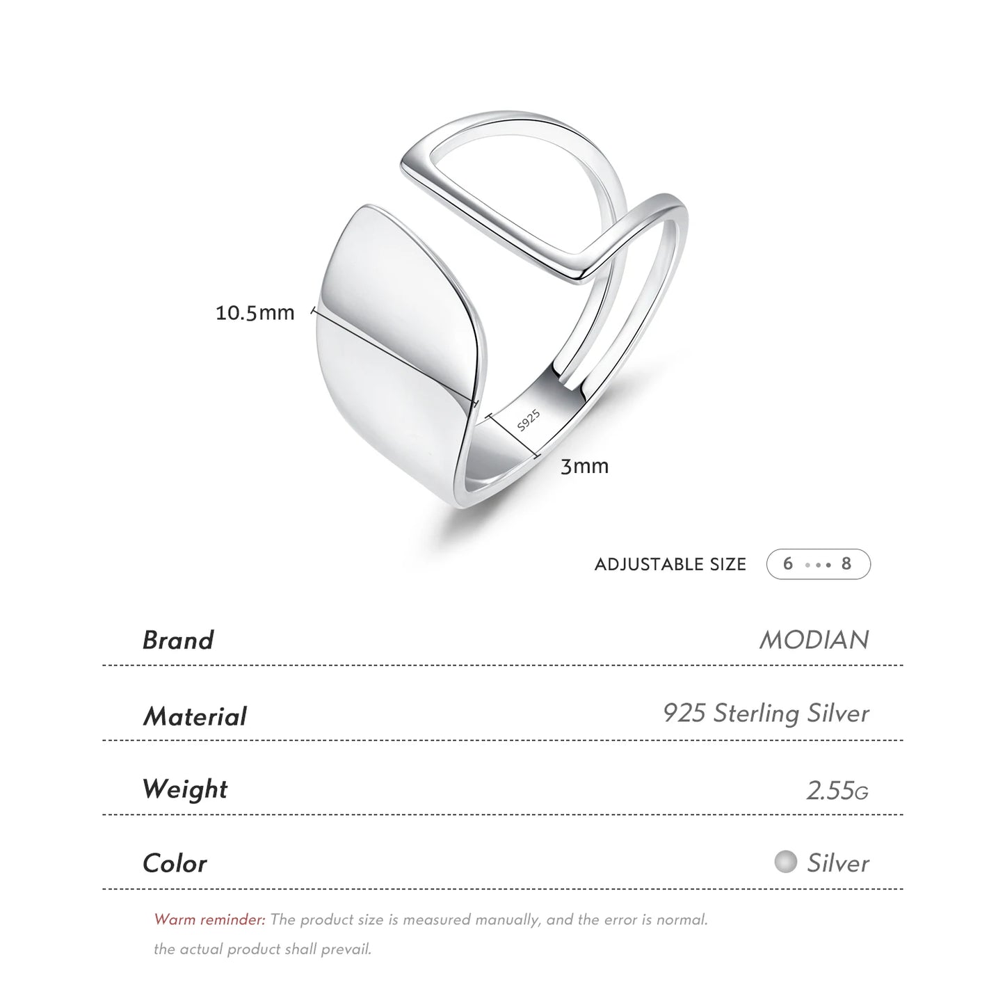 Anillo MODIAN de plata de ley 925 con diseño asimétrico, hueco, moderno, liso, ajustable, tallas 6-8, joyería fina para mujer, regalo de fiesta