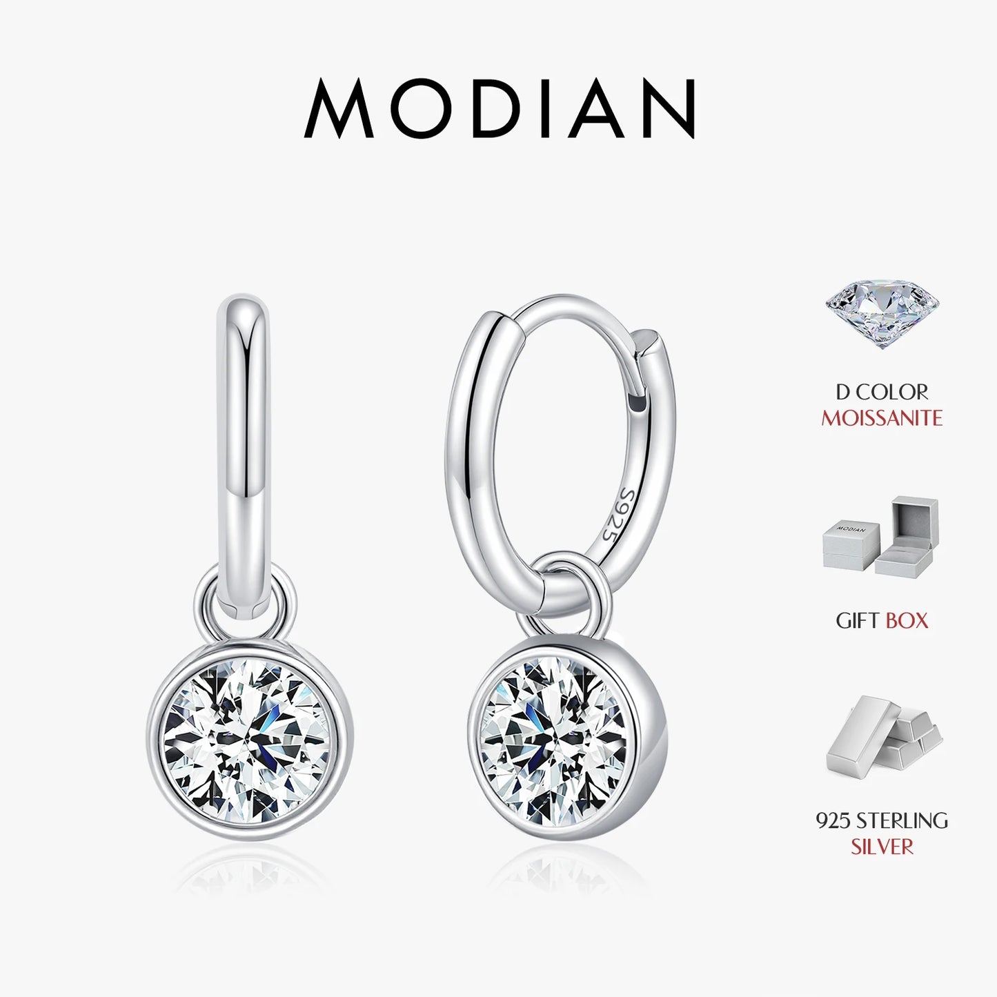 Pendientes de aro MODIAN de moissanita de color D de 1CT/2CT con hebilla de oreja de plata de ley 925, redondos y altos, para mujer, joyería fina de uso diario.