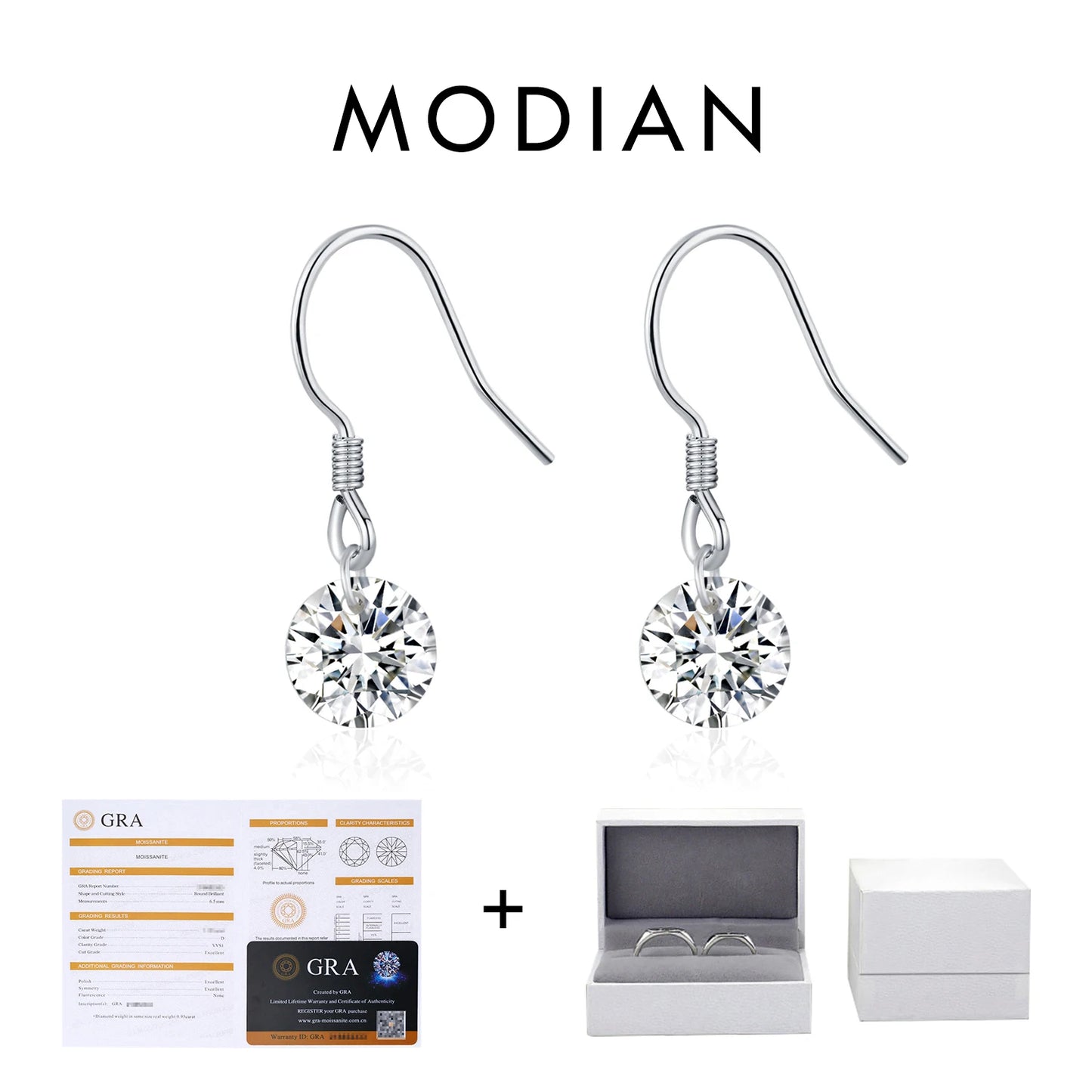 MODIAN 1CT D Color Sparkling Moissanite Hook Earrings 925 Sterling Silver Round Sway Dangle Earrings For Women Fine Jewelry