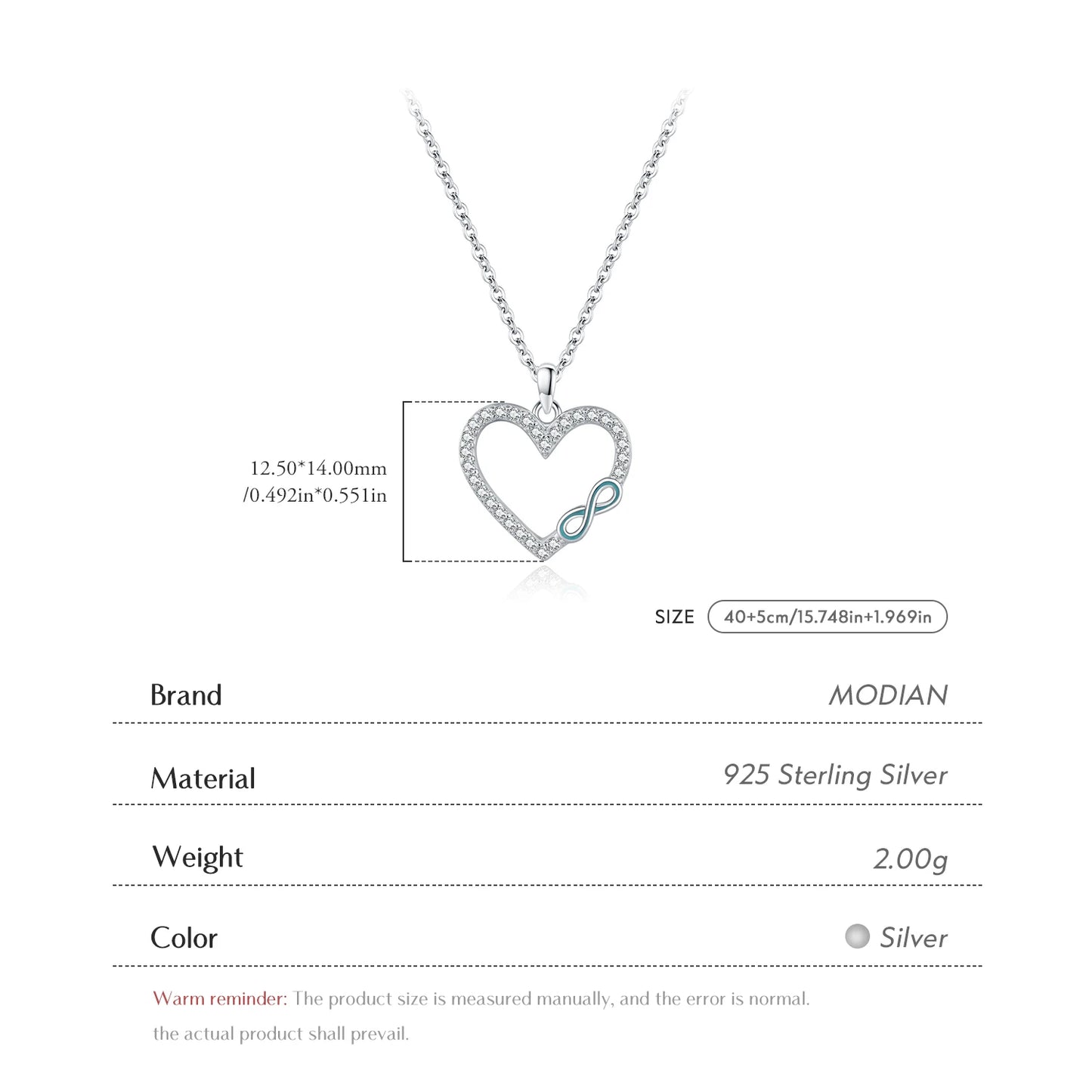 MODIAN 925 Sterling Silver Romantic Heart Enamel Infinity Love CZ Link Chain Pendant Necklace For Women Wedding Fine Jewelry