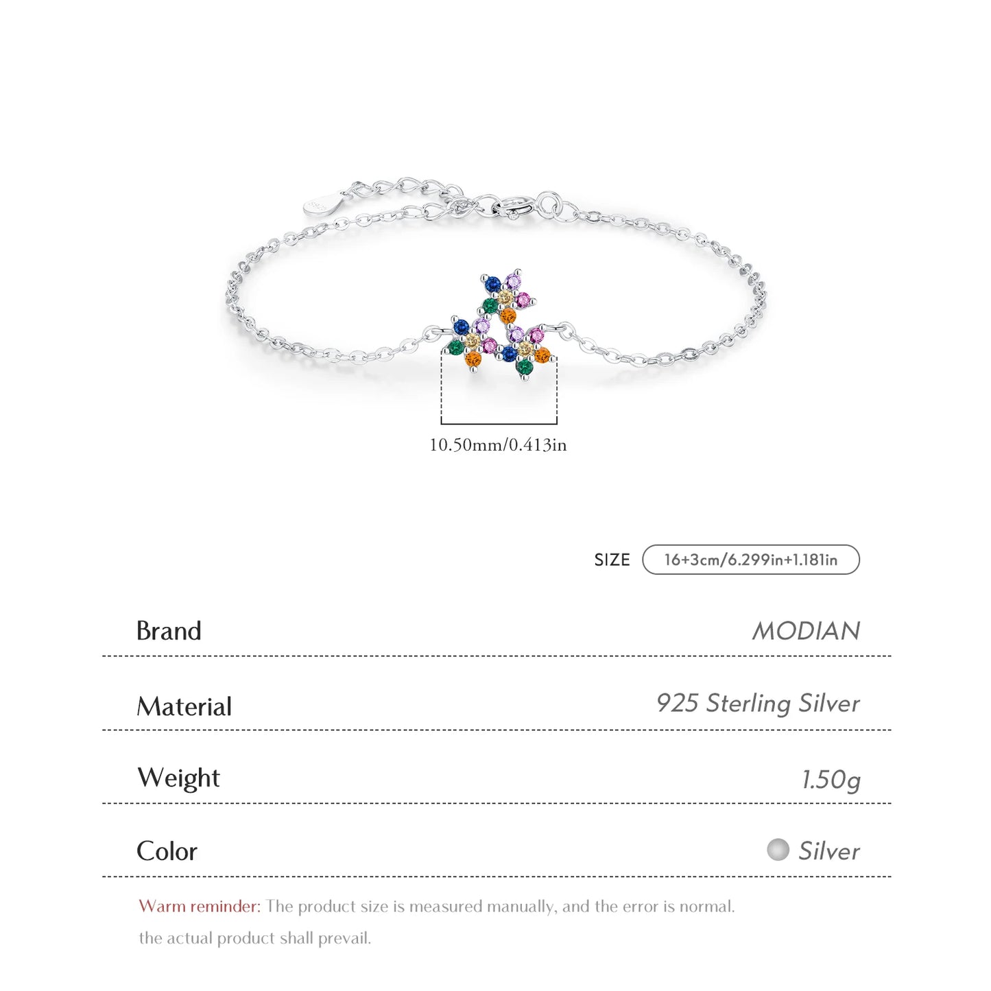 MODIAN 925 Sterling Silver Cute Rainbow Color Zirconia Three Small Flowers Link Chain Bracelets For Women Fine Jewelry