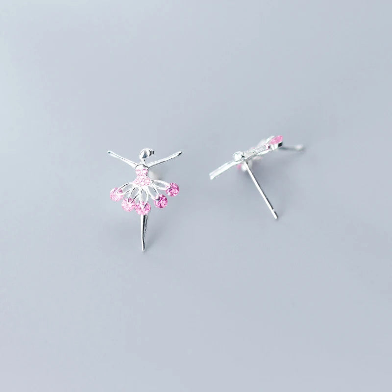 MODIAN - Pendientes de botón con diseño de hada de ballet y cristal rosa para mujer, plata de ley 925, joyería fina
