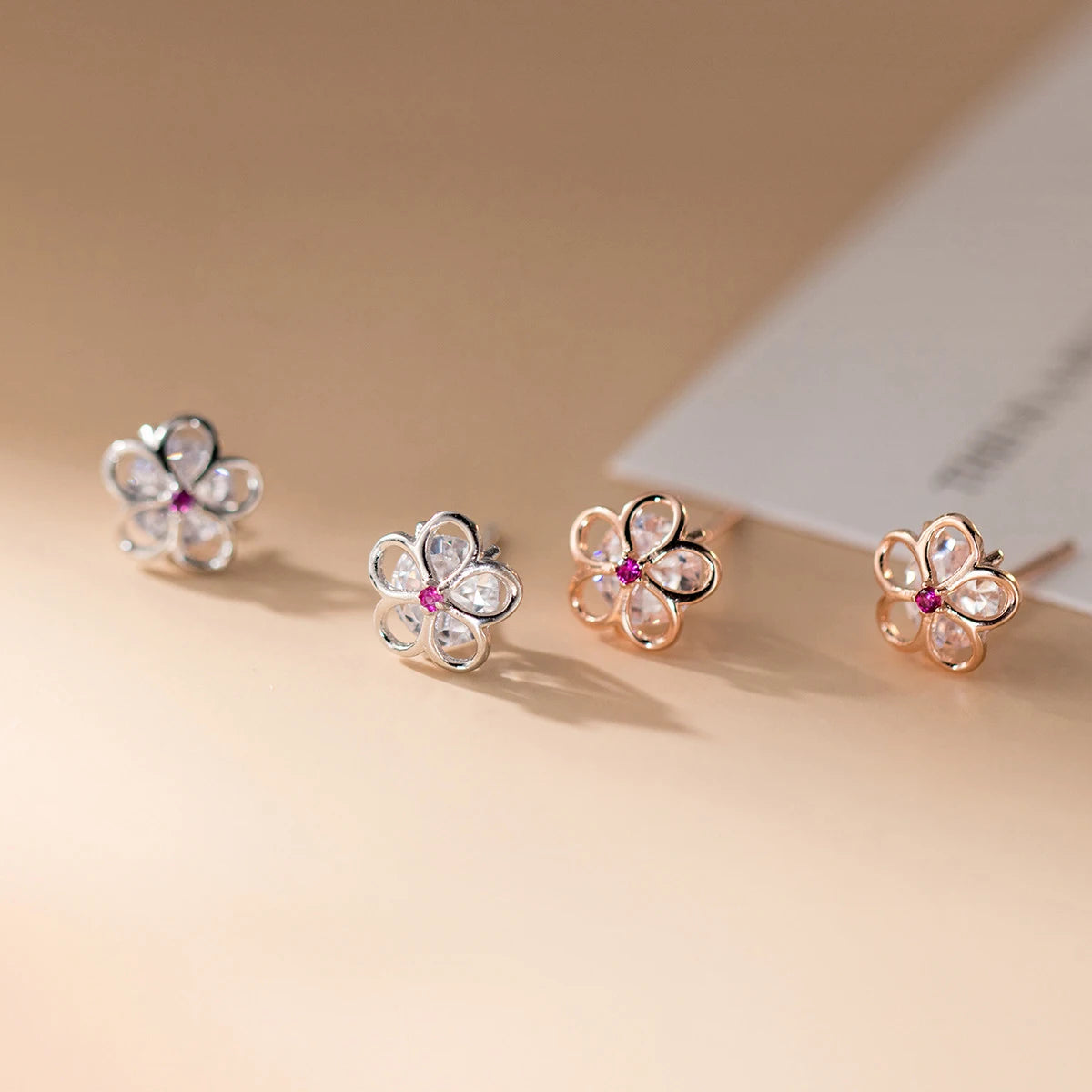 Pendientes Modian Summer Beach de plata de ley 925 100% con circonitas rosas y cristales para mujer, joyería de plata con flor hueca de circonita cúbica transparente