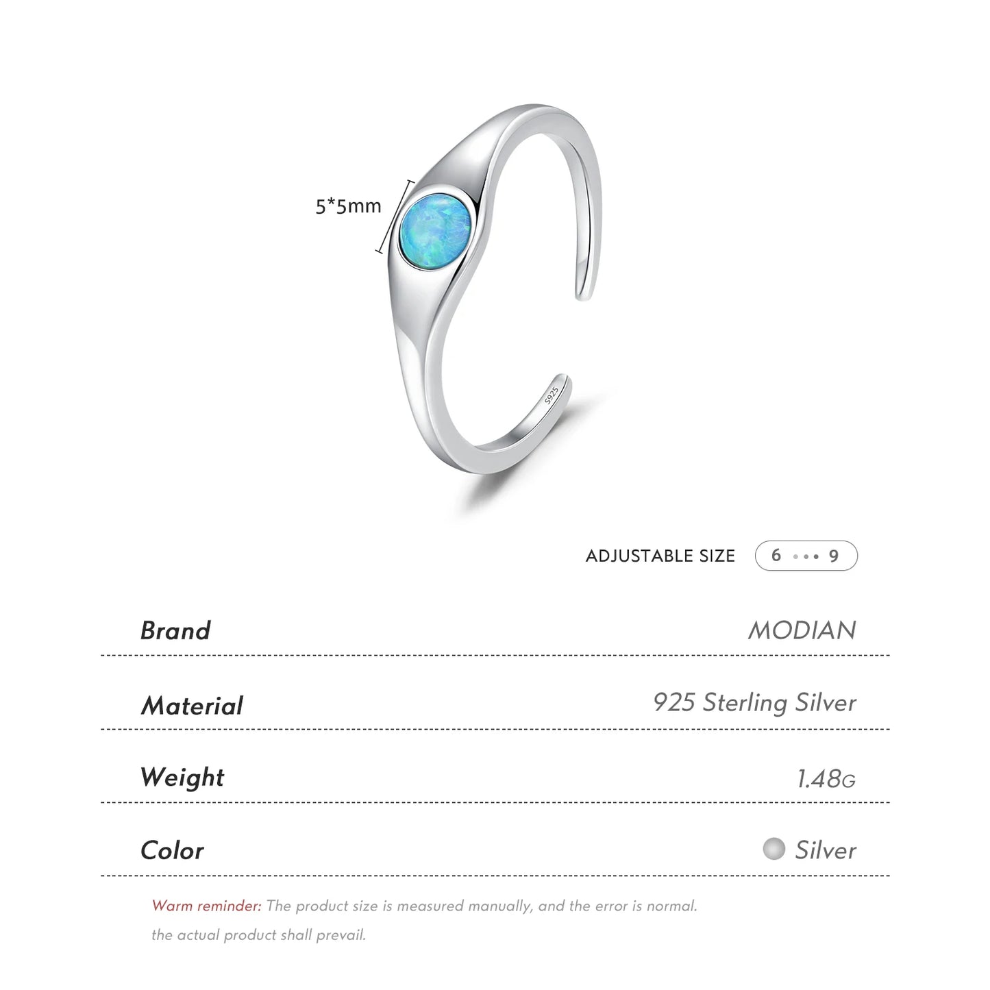Anillo minimalista de plata de ley 925 MODIAN con ópalo brillante y redondo, ajustable y liso, ideal como regalo de joyería fina para mujer.
