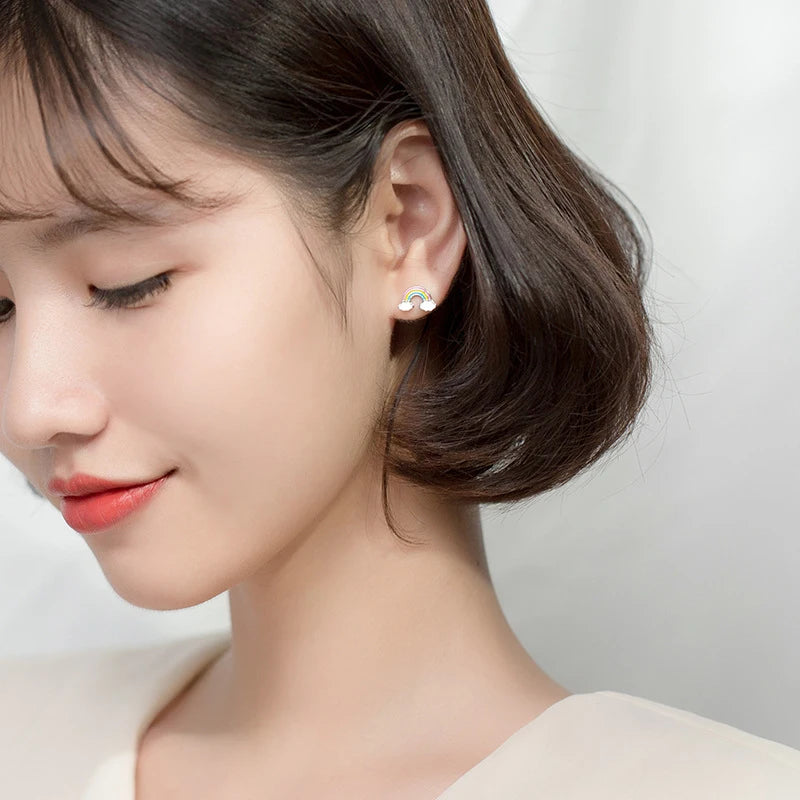 MODIAN - Pendientes asimétricos con diseño de nubes arcoíris y esmalte colorido para mujer, plata de ley 925, joyería fina, regalo para niños