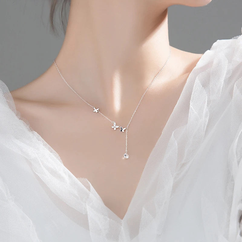 Collar Modian con cadena de eslabones de plata de ley 925 con circonitas y borlas de mariposa danzante para mujer, joyería fina