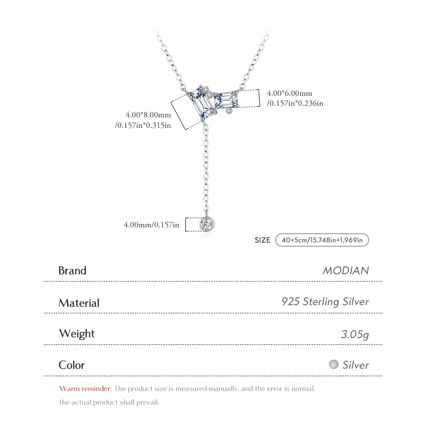 Collar con colgante en forma de Y de cadena de eslabones rectangulares de circonita cúbica transparente de MODIAN en plata de ley 925 para mujer, joyería fina