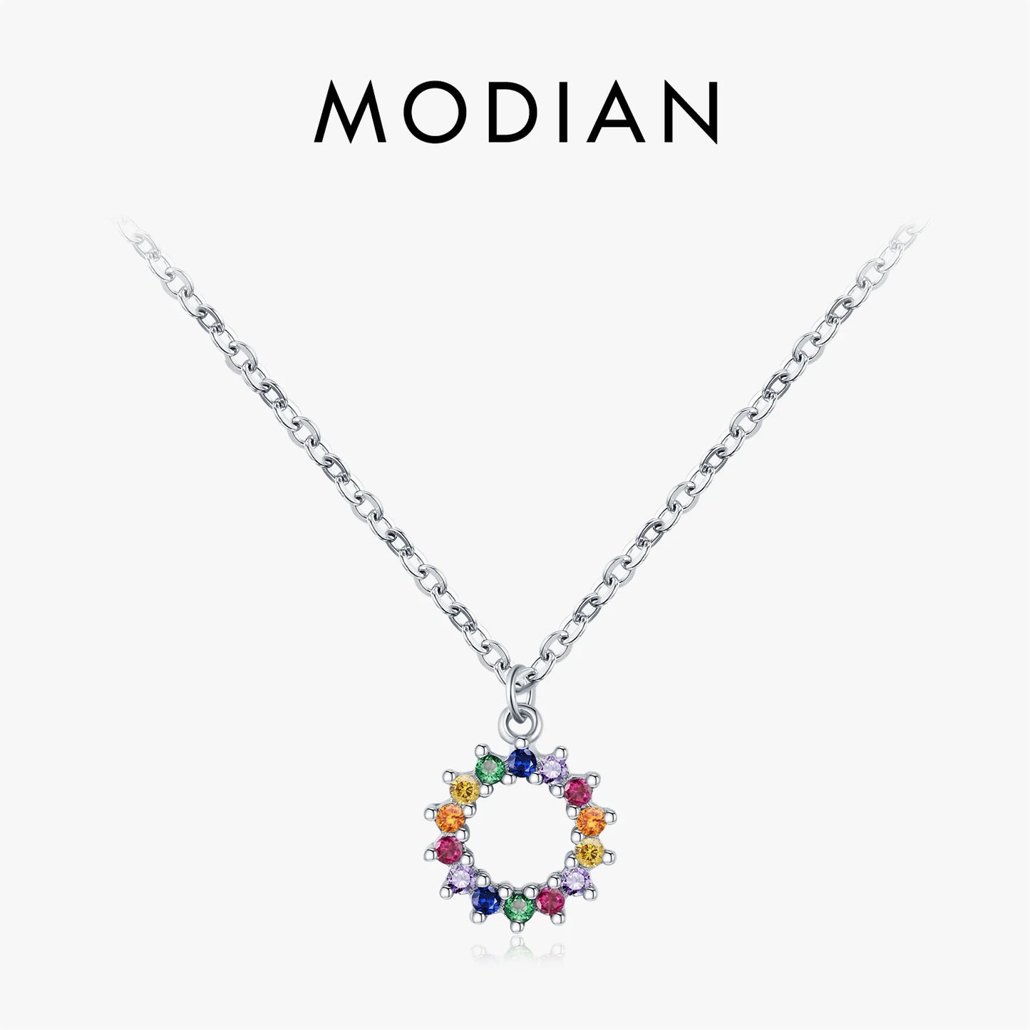 MODIAN 925 Sterling Silver Sparkling Round CZ Necklace Rainbow Color Sun Pendant Necklaces For Women Daily Fine Jewelry