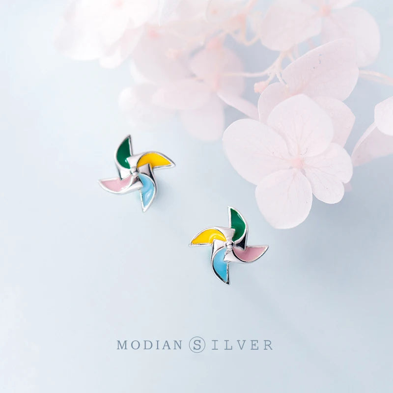 Pendientes Modian con diseño de molino de viento de la suerte, esmaltados en varios colores, para mujer, 100 % plata de ley 925, joyería fina para mujer.