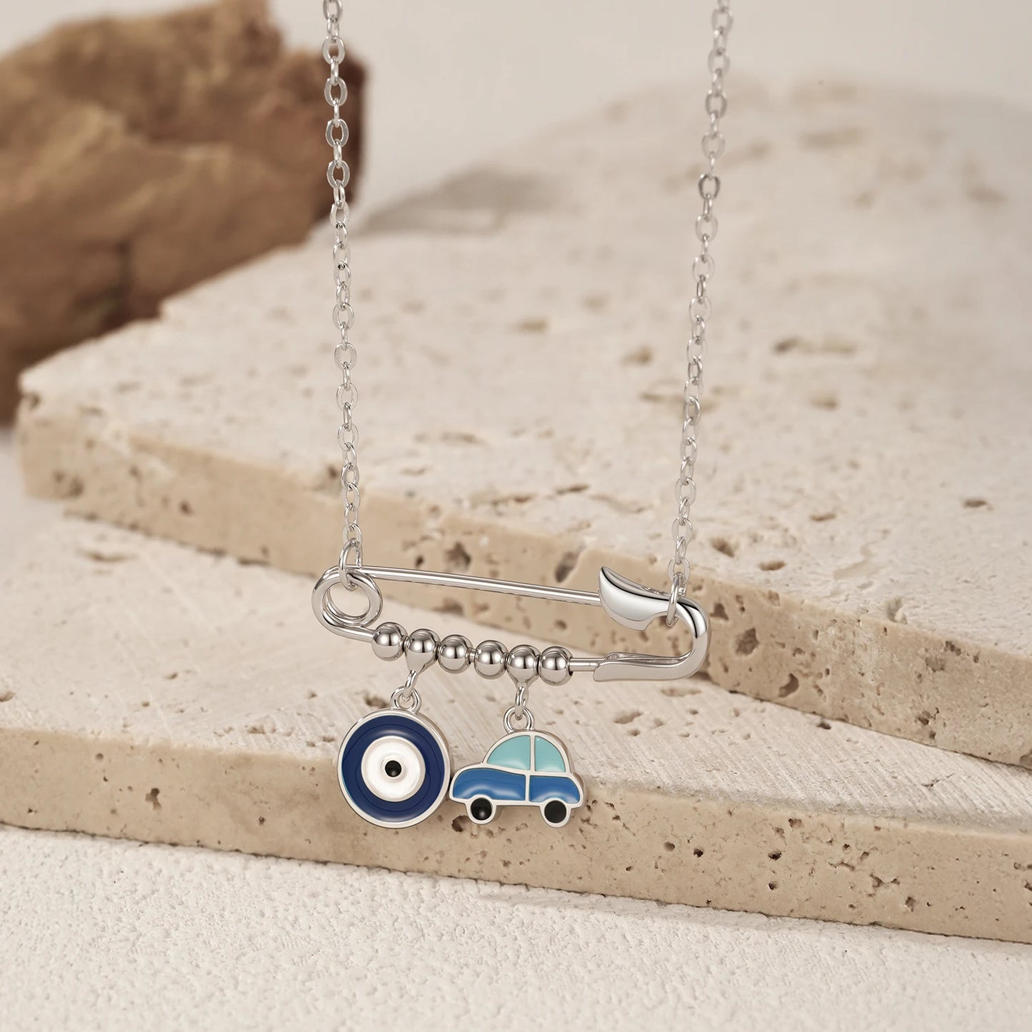 MODIAN 925 Sterling Silver Original Pin Pendant Necklace Fashion Blue Enamel Eyes & Car Necklaces For Women Fine Jewelry