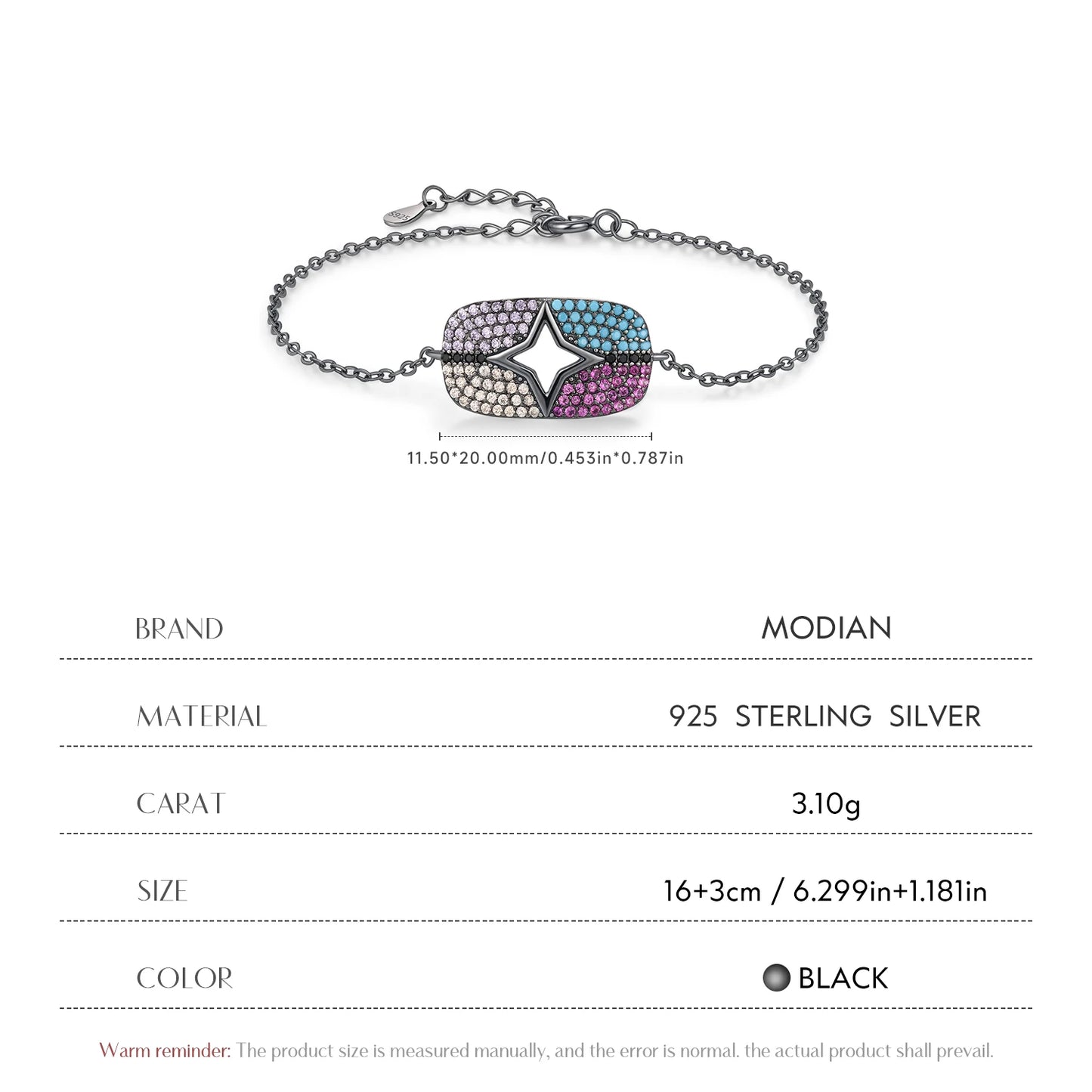 MODIAN 925 Sterling Silver Black Colorful Zirconia & Turquoise Geometric Stars Bracelet For Women Fine Stackable Jewelry