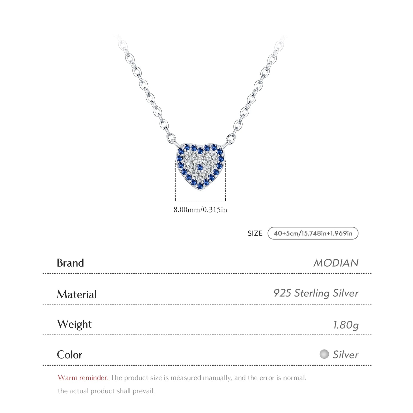 MODIAN 925 Sterling Silver Basis Hearts Blue Zirconia Pendant Necklace Fashion Stackable Link Chain Jewelry For Women Gifts