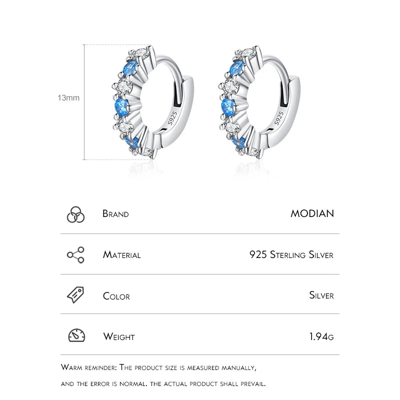 Pendientes de aro Modian de plata de ley 925 auténtica con circonitas azules brillantes, diseño original para mujer, joyería fina.