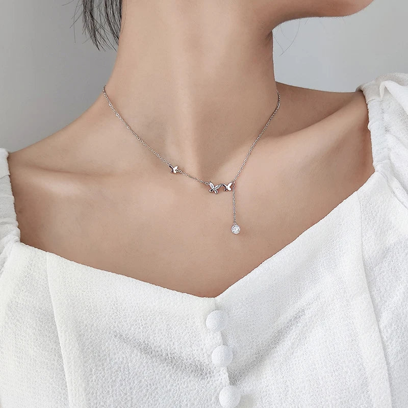 Collar Modian con cadena de eslabones de plata de ley 925 con circonitas y borlas de mariposa danzante para mujer, joyería fina