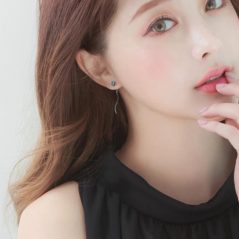 Pendientes clásicos Modian con borlas de cadena larga para mujer, plata de ley 925 auténtica, cristales azules transparentes, estrellas y luna, joyería de regalo