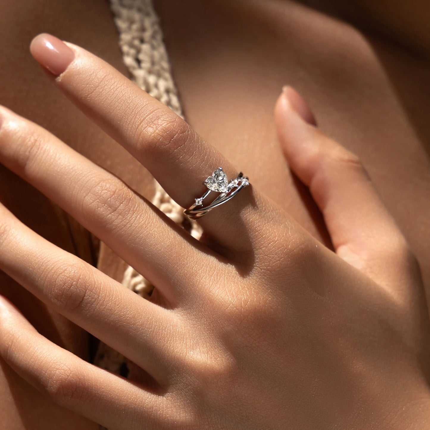 MODIAN 0.8CT D Color Heart Moissanite 925 Sterling Silver Line Multi-layer Rings For Women Romantic Wedding Fine Jewelry Gifts