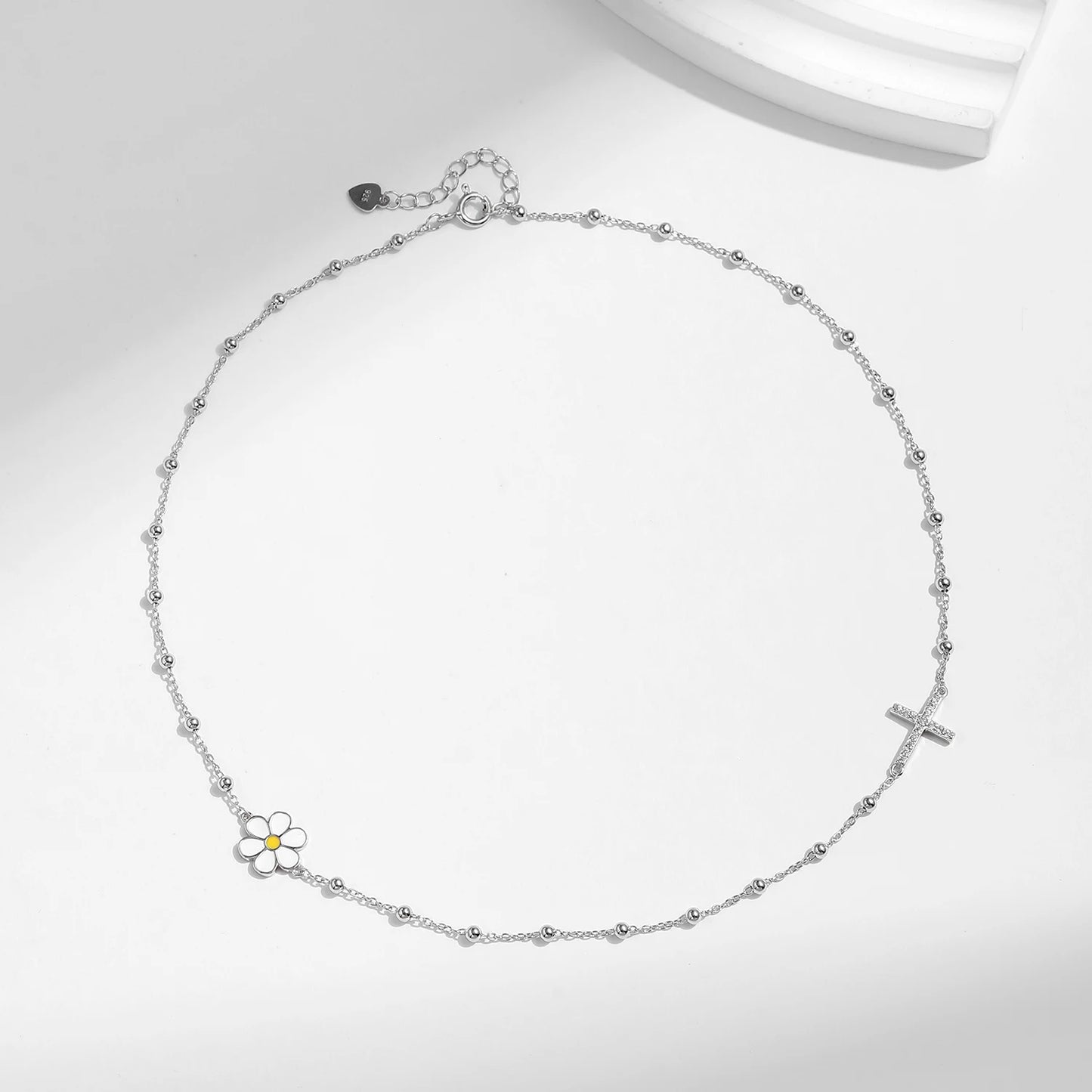 MODIAN 925 Sterling Silver Classic Daisy & Cross Dazzling Choker Pendant Necklace Dainty Beads Link Chain For Women Jewelry