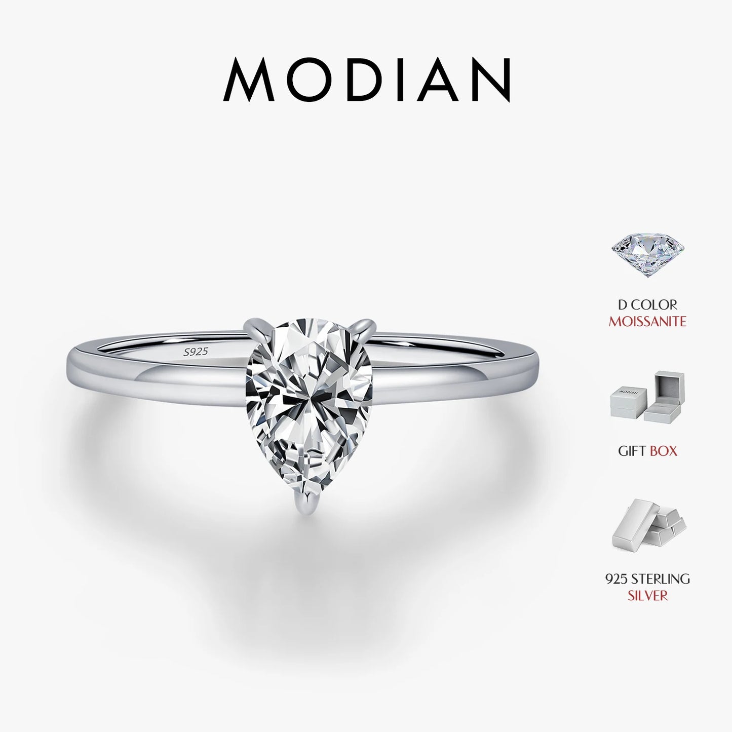 Anillo de moissanita MODIAN de corte pera en color D, plata de ley 925, con forma de gota de agua y diamantes de laboratorio, para mujer, joyería fina para bodas.