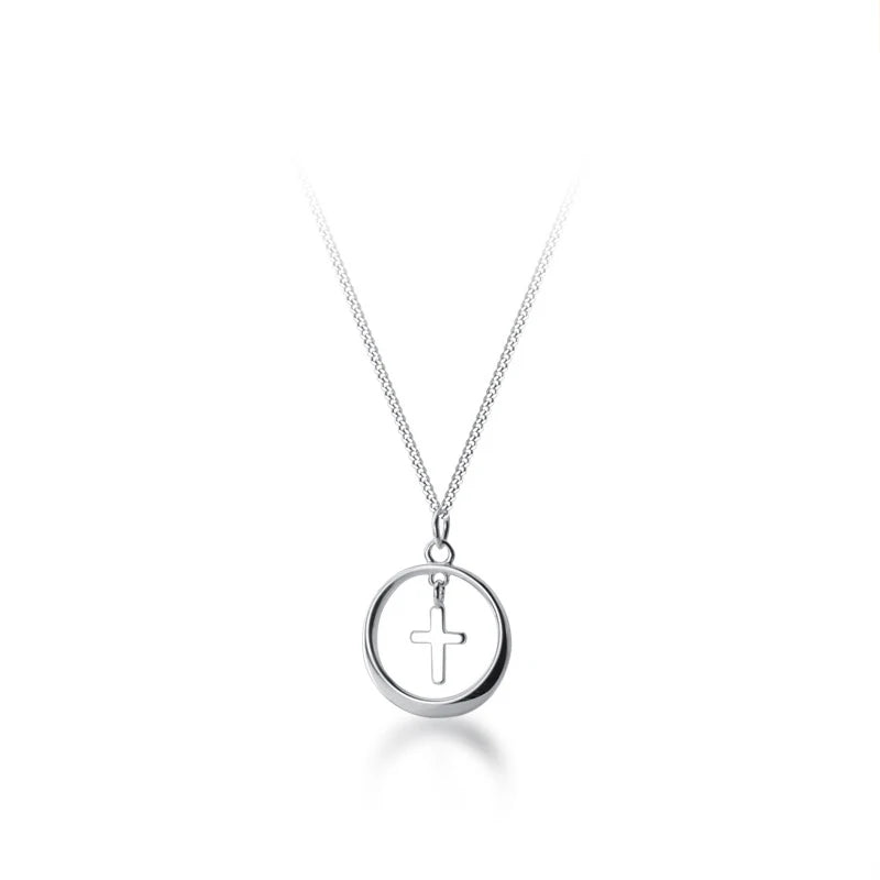 Modian New Fashion Mini Cross Geometric Round 925 Sterling Silver Pendant for Women Link Chain Adjustable Necklace Fine Jewelry