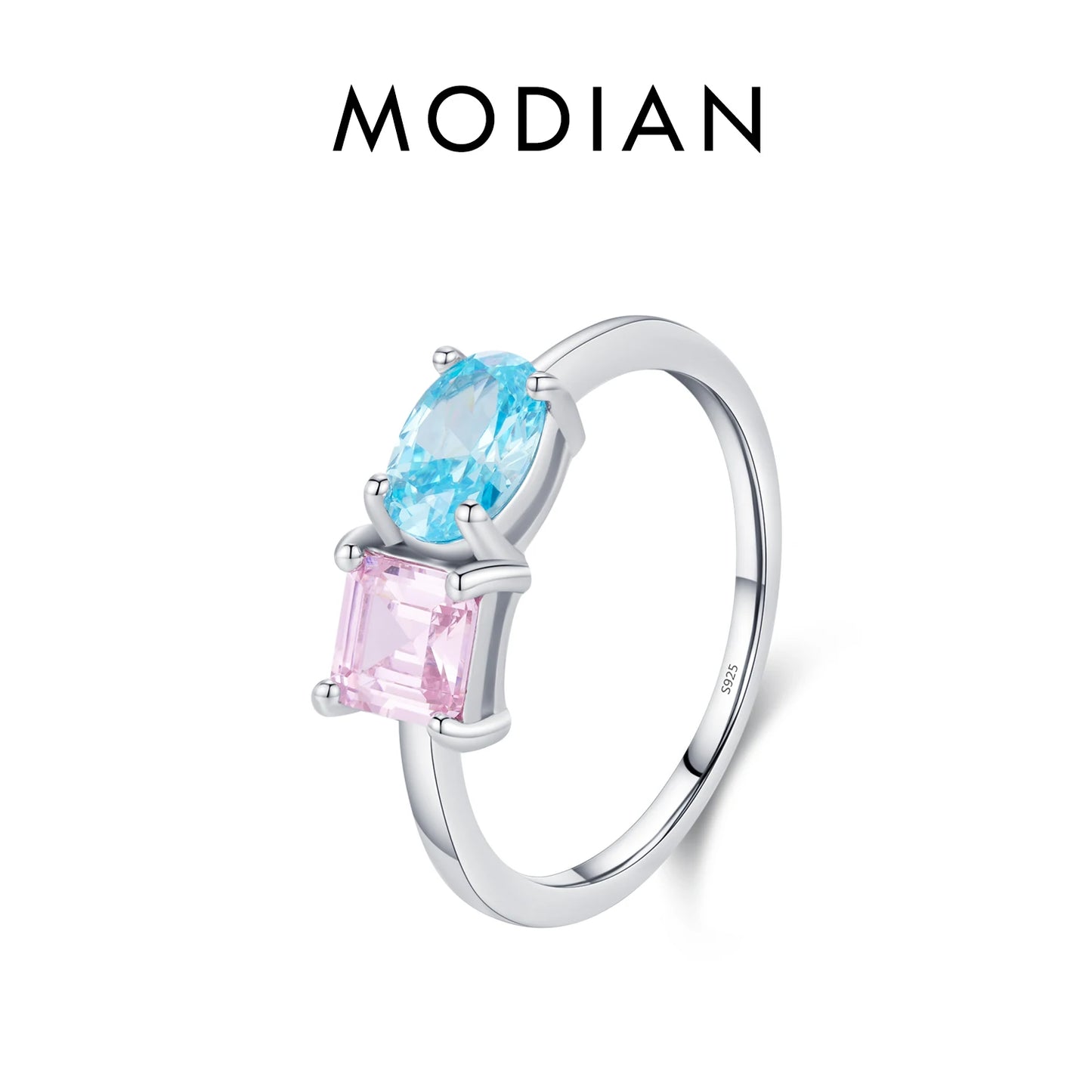 Anillo apilable MODIAN de plata de ley 925 con circonitas de colores y corte esmeralda. Joyería fina y brillante para mujer, regalo de San Valentín.