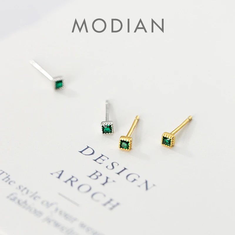 Pendientes Modian de plata de ley 925 auténtica con cristales verdes cuadrados para mujer, pequeños pendientes de boda, joyería de compromiso para amantes.