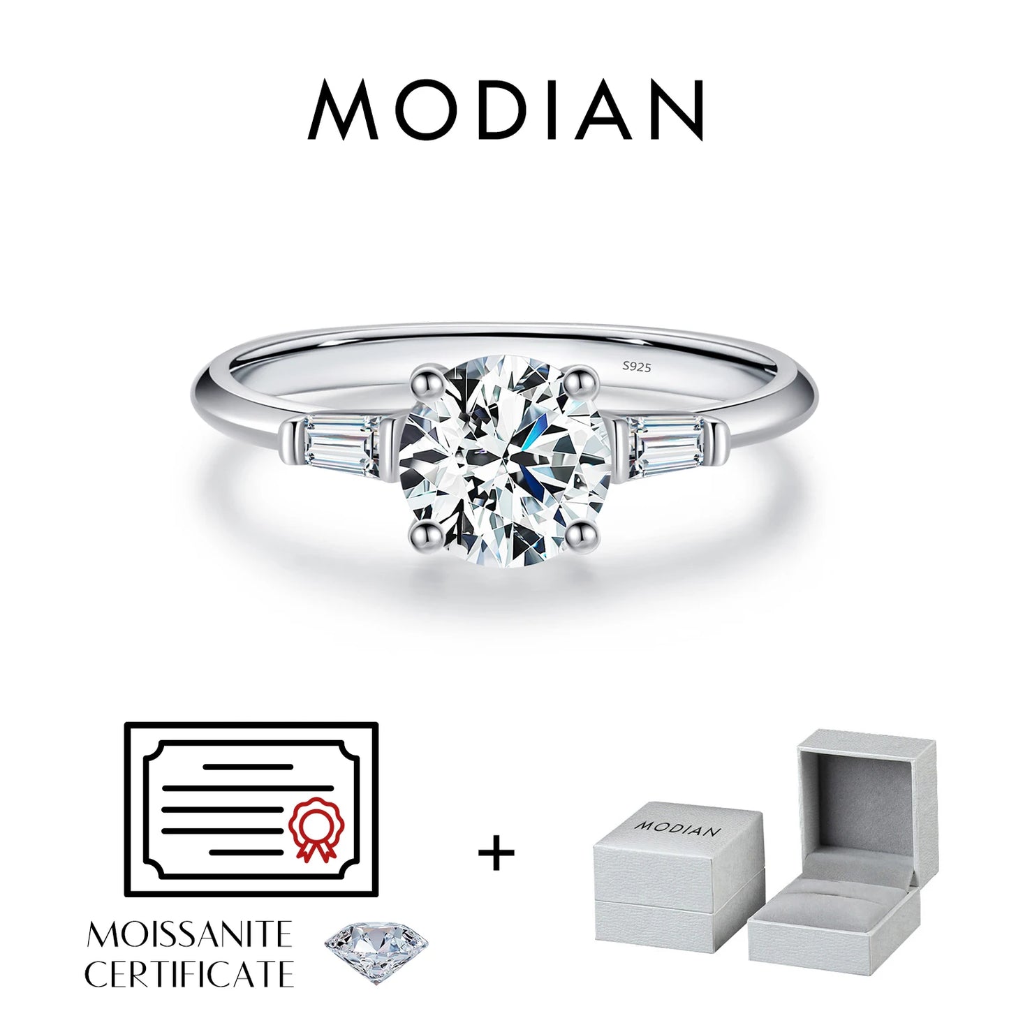 Anillo de moissanita redonda MODIAN de 1,0 quilates con diamante de laboratorio de color D, clásico, de plata de ley 925, para boda, compromiso, joyería para mujer