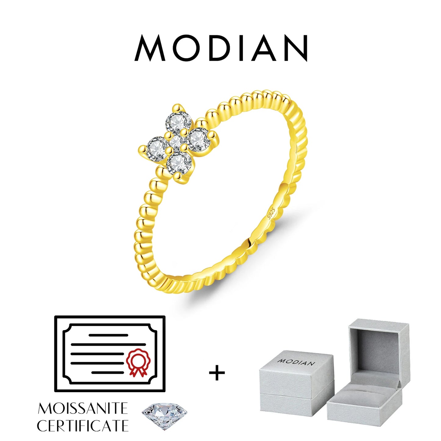 Anillo de moissanita MODIAN con trébol de cuatro hojas, color D, plata de ley 925, cuentas apilables, moderno anillo para mujer, joyería fina
