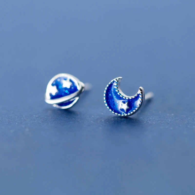 Pendientes de plata de ley 925 con diseño de estrella y luna esmaltados de Modian, con diseño de galaxia azul y planeta, para mujer, ideal como joyería de fiesta o para bodas.