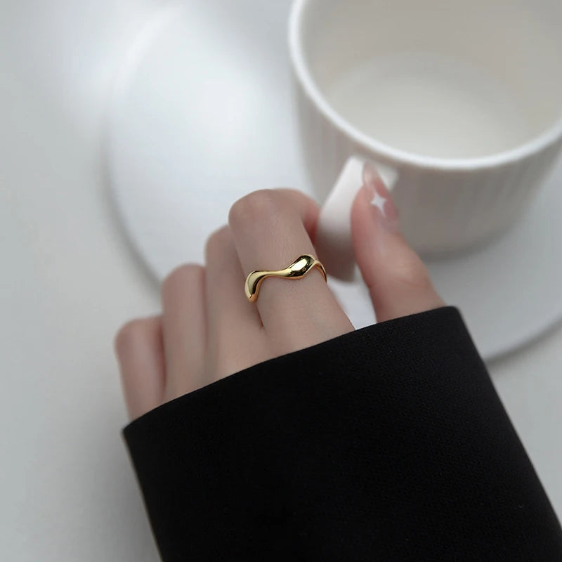 Anillo Modian de plata de ley 925 con diseño irregular de gota de agua, apilable, moderno, ajustable, tallas 6-9, para mujer.