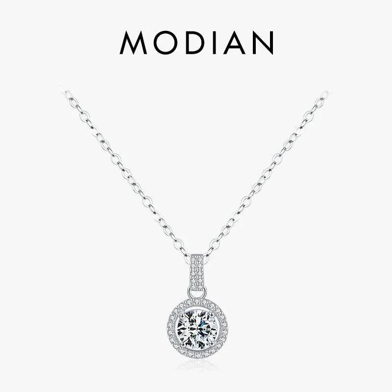 Collar con colgante de circonita cúbica redonda Modian de plata de ley 925 con baño de platino, joyería clásica para mujer, regalo de boda.