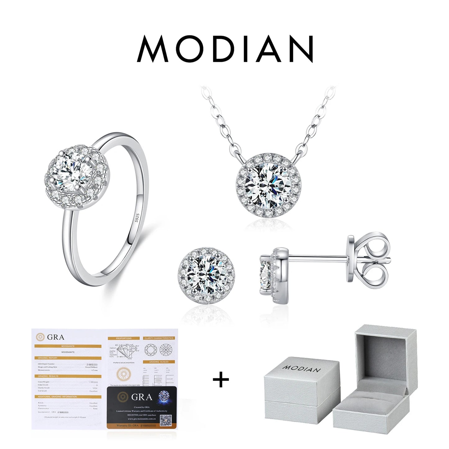 MODIAN Moissanite 925 Sterling Silver Fashion Luxury Round Necklace Stud Earrings Ring For Women Wedding Fine Jewelry