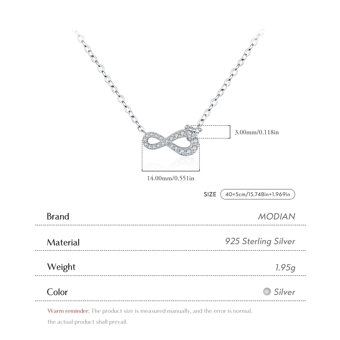 Collar romántico de amor infinito MODIAN, cadena de eslabones de corazón Mobius de plata de ley 925, colgante para mujer, joyería fina