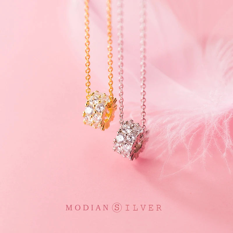 Collar con colgante de tubo redondo de lujo Modian de plata de ley 925 auténtica con circonita brillante para mujer, cadena de eslabones, joyería fina