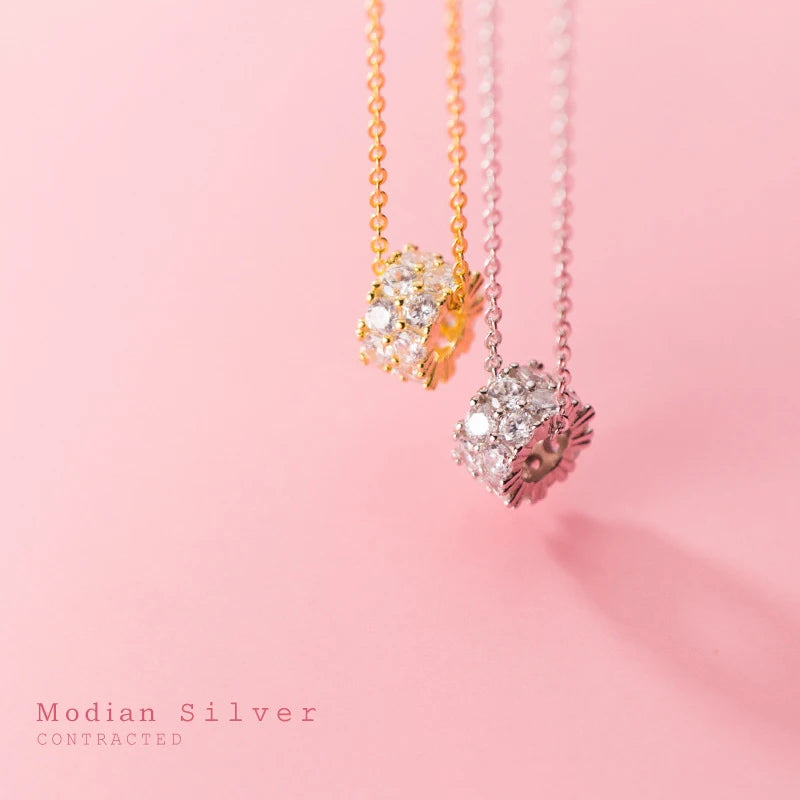 Collar con colgante de tubo redondo de lujo Modian de plata de ley 925 auténtica con circonita brillante para mujer, cadena de eslabones, joyería fina